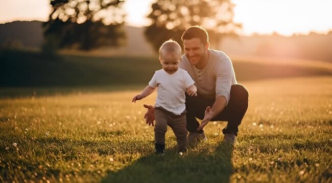 A loving father guides his little son's first tentative steps across a sun-drenched meadow during a beautiful golden hour
