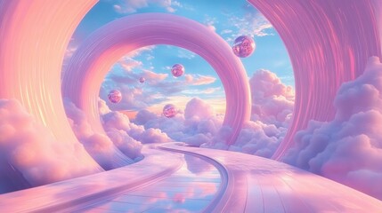 Pastel dreamscape with glossy curved pathway through giant circular arches above pink puffy clouds, floating mirrored spheres and a serene sunrise sky