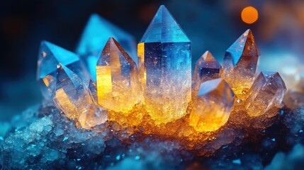 Glowing cluster of blue and amber quartz crystals on an icy bed with sparkling bokeh background, close-up evoking wonder and ethereal warmth