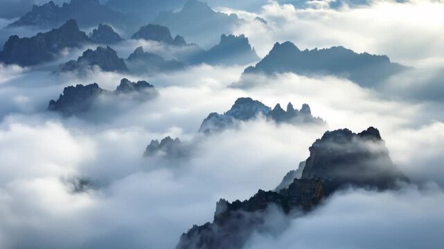 A panoramic view of cloud-covered mountains, highlighting their grandeur and beauty in a misty setting