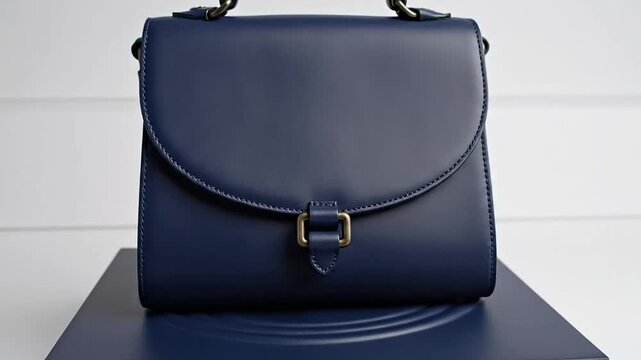 Luxury navy blue leather handbag display product photography studio shot fashion accessory concept