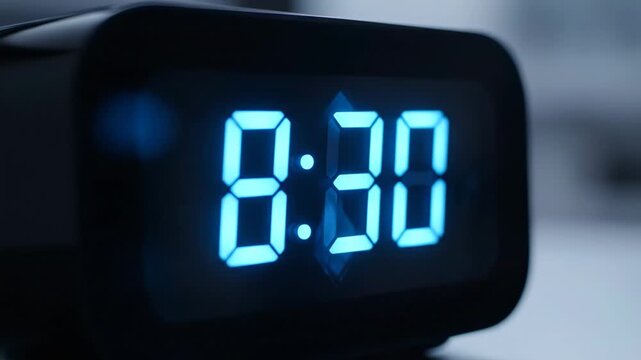 Digital Alarm Clock Displaying 8 -30 AM in Blue Light.