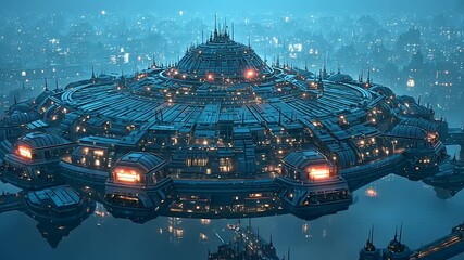 Futuristic cityscape with a massive hovering spaceship illuminated at night over a tranquil waterway