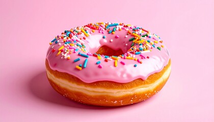 &ldquo;A pink-iced donut with colorful sprinkles on a solid pink background.&rdquo;