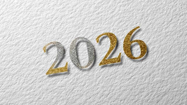 Elegant Gold and Silver Glitter Number 2026 on White Textured Background