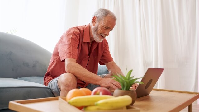 Elderly man concentrating on his laptop, working from home, surrounded by fresh fruit, promoting a healthy and productive lifestyle