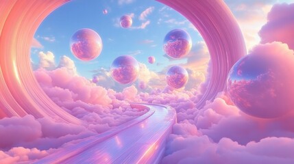 Dreamlike pastel cloud pathway winding through glowing circular arches and floating reflective spheres beneath a serene sunrise sky, whimsical and ethereal