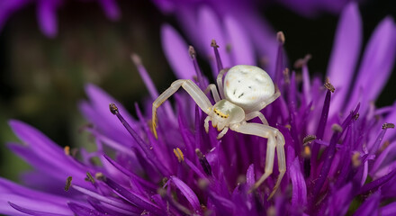 A white crab spider resting on a vibrant purple flower with detailed petal structures visible close up