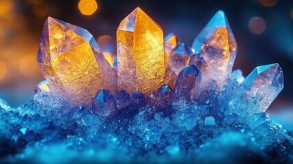 luminous golden and blue crystal cluster on a sparkling geode bed, faceted quartz glowing with warm and cool light in a mesmerizing, magical atmosphere