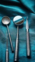 Close-up of stainless steel dental instruments on teal surgical drape conveying clinical precision and sterile professionalism