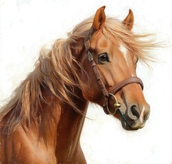 Chestnut horse close-up portrait with flowing windswept mane, leather halter and gentle alert expression on white background
