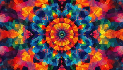 vibrant stained glass mosaic mandala with kaleidoscopic floral patterns, bright multicolored petals and joyful energetic symmetry