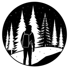Silhouette of a hiker in a snowy forest at night