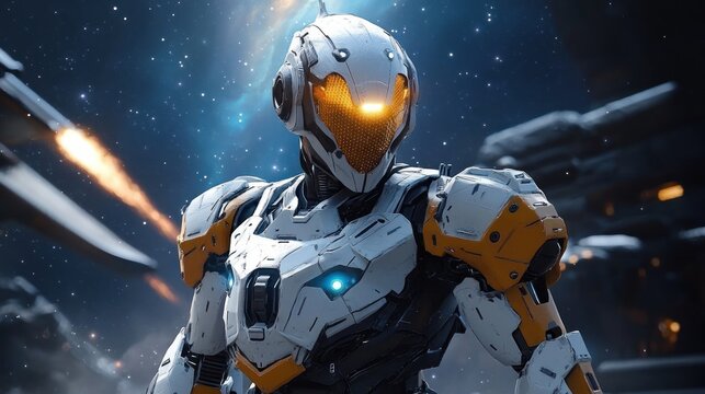futuristic armored humanoid robot with glowing orange visor and blue chest light stands vigilant in space among stars and distant spacecraft, emitting a determined heroic presence - Powered by Adobe
