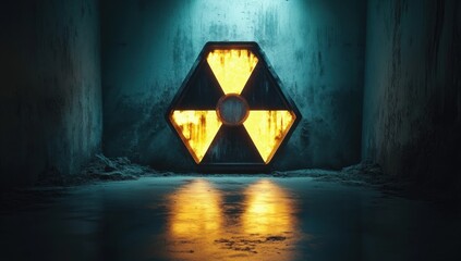 glowing yellow radiation hazard symbol mounted in a dark concrete chamber with wet reflective floor, teal backlight and an ominous foreboding atmosphere