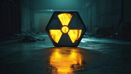 Glowing radiation hazard symbol in hexagonal frame on a wet reflective floor in a dark abandoned industrial corridor, casting an eerie ominous yellow light