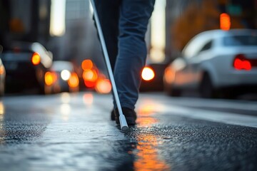 Low-angle close-up of a person using a white cane walking across a wet city street at dusk, car lights reflecting on the asphalt, evoking caution and quiet determination