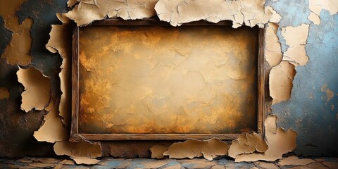 Empty weathered wooden frame set into a cracked peeling plaster wall with golden textured center and flaking paint, evoking decay and nostalgic melancholy