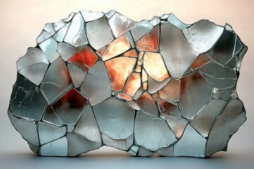 broken mirrored mosaic sculpture of jagged reflective shards with warm orange glow, evoking fragile beauty and tension
