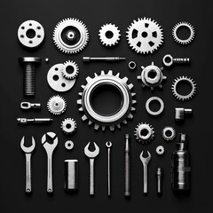 neatly arranged metallic gears, sprockets, cogs, nuts, bolts, washers, wrenches, sockets and screwdriver bits on dark background conveying precision and industrial order