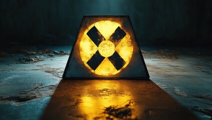 Glowing triangular hazard sign with weathered black X inside a yellow circle, casting ominous golden light and reflection on wet concrete in a dark industrial space