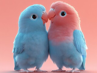 two pastel lovebirds nuzzling beaks in a tender affectionate pose with soft blue and pink feathers against a warm coral background