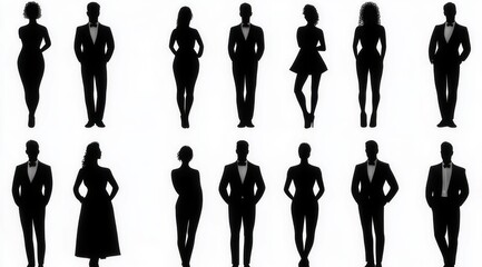Twelve black silhouettes of men and women in formal wear standing in two rows, elegant confident poses and minimalist high-contrast composition conveying a mysterious poised mood