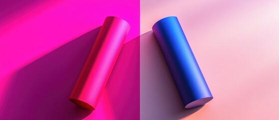 Two textured cylindrical rolls on a split pink and peach background casting long diagonal shadows, neon pink and electric blue contrast in a playful modern minimal still life
