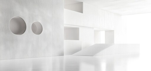 Minimal white interior with two circular wall cutouts, rectangular openings and a gentle ramp, bright textured surfaces and reflective floor conveying calm serenity