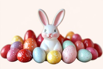 cheerful ceramic bunny figurine smiling among colorful speckled pastel eggs on a soft pink background