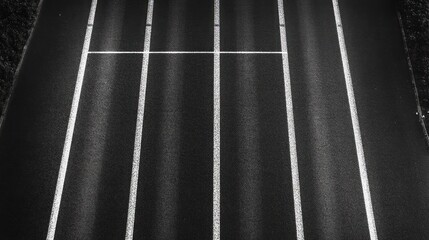 aerial view of an empty multilane asphalt road with parallel white lane markings and a crossbar, black and white minimalist scene conveying quiet order and stark contrast
