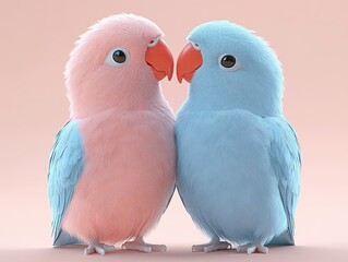 two pastel-colored lovebirds facing each other in a tender affectionate pose on a soft pink background