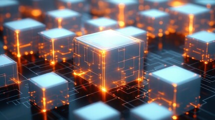 glowing translucent cubes on a dark circuit board with orange light trails connecting nodes, a futuristic high-tech grid conveying energy and digital connectivity
