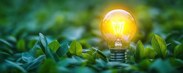 Glowing light bulb nestled in lush green leaves, warm hopeful illumination suggesting innovation and sustainable harmony with nature