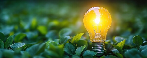 Glowing light bulb nestled in green leaves, warm golden glow suggesting hope, inspiration and eco-friendly innovation