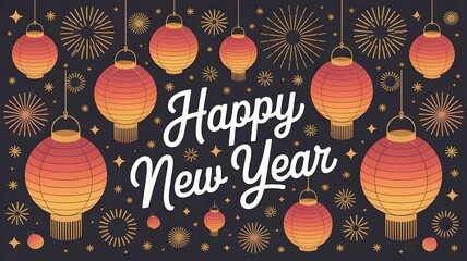 Happy new year greeting card with chinese lanterns and fireworks display
