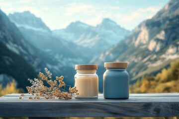 Two small jars with wooden lids and dried wildflowers on a weathered wooden railing, overlooking a sunlit alpine valley and distant mountain peaks, calm and serene mood