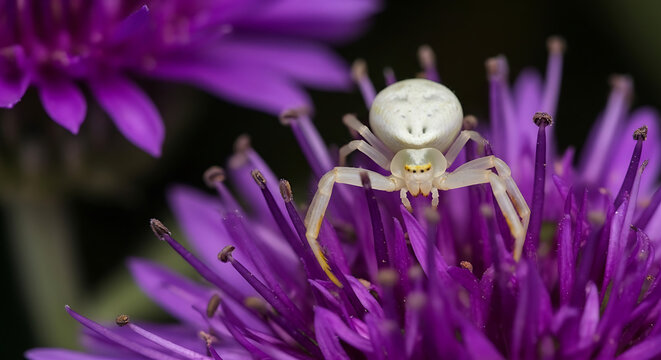 A white crab spider perched atop a vibrant purple flower with detailed stamen and petal texture