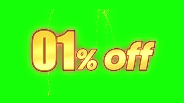 Golden one percent off sale animation with glowing outline on a vibrant green screen background