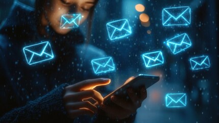 hands holding smartphone at night with glowing floating email icons in rain, conveying anticipation and digital connection