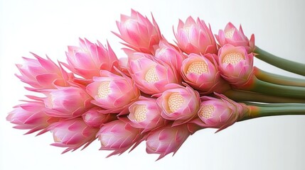 cluster of pink lotus buds with green stems on white background, delicate and serene floral arrangement