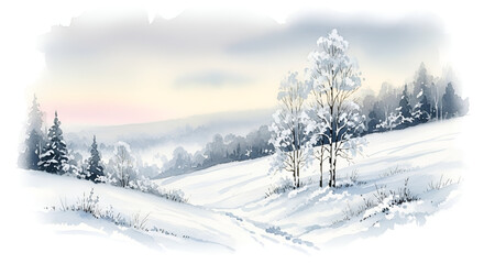Fototapeta premium A beautiful watercolor illustration of a serene winter landscape with snow-covered birch trees and a path leading into a frosty forest