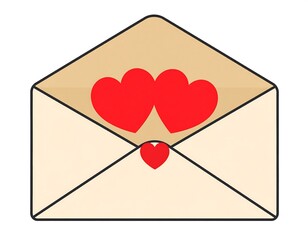 Open cream envelope revealing three red hearts, symbolizing affection