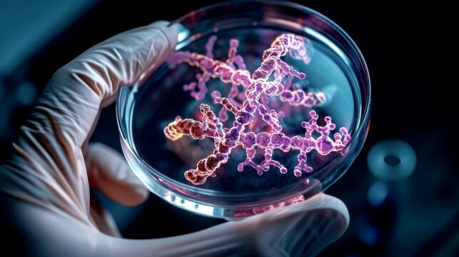 Superimposed on the dish is a faint, glowing DNA helix, visually linking genetics to gut health