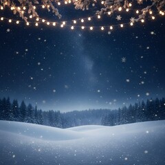 Dark blue Christmas night sky with glowing stars, twinkling lights, snow-covered ground, magical atmosphere, cozy and dreamy