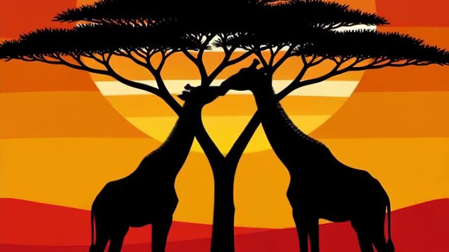 African Love Story Giraffes Under the Baobab Tree at Sunset