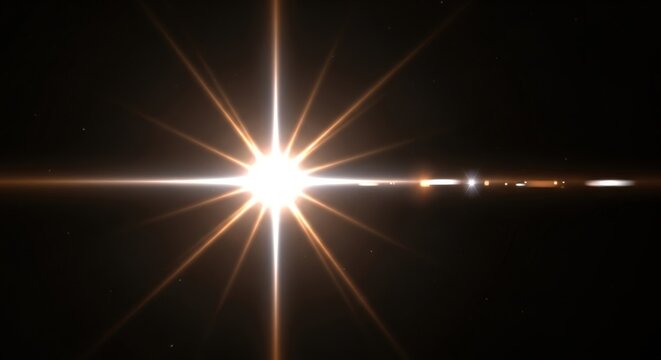 Bright white starburst lens flare effect with prominent light rays and horizontal streaks against a dark black background, creating a dramatic and abstract visual element