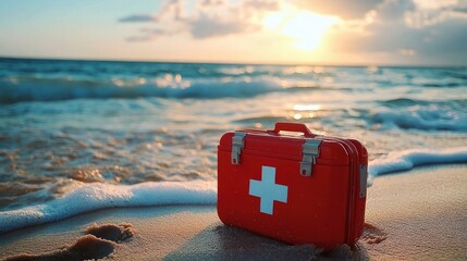 Red first aid kit with white cross resting on a sandy beach by gentle ocean waves at sunset, conveying calm preparedness and safety