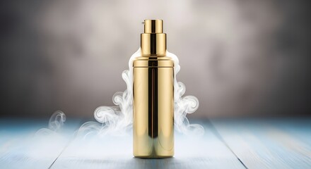 Elegant golden perfume bottle surrounded by smoke against a blurred background