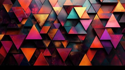 Vibrant layered three-dimensional triangular mosaic of colorful metallic tiles with glowing gradients, deep shadows and a dynamic energetic abstract composition